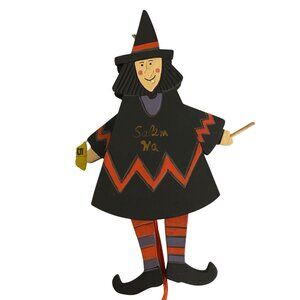 Vtg Salem MA Wooden Witch Hanging Decoration 9"Black Orange Halloween Home Decor